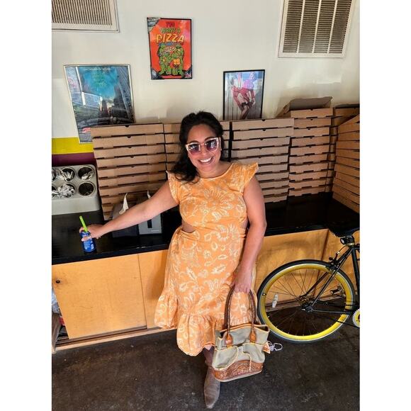 MARISSA WEBB x RTR Orange Botanical Print Tie Back Flutter Sleeve Midi Dress 4 - Picture 12 of 14